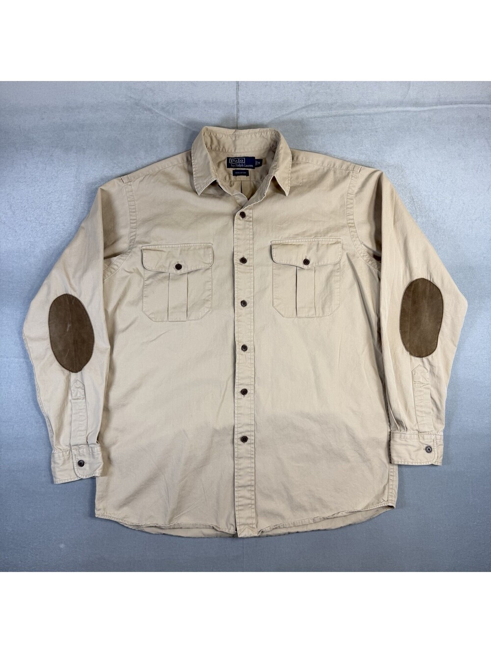 Vintage 90s Polo Ralph Lauren Safari Shirt Mens Medium Beige Suede Elbow Patch